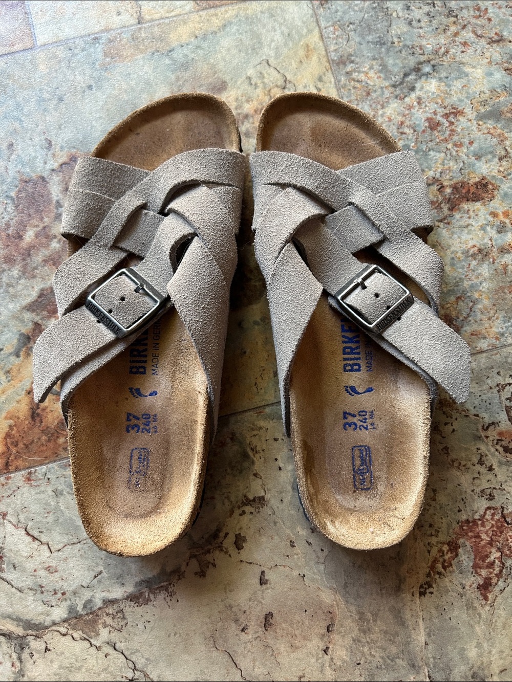 Birkenstock Taupe Suede Crisscross Buckle Sandals- Lugano